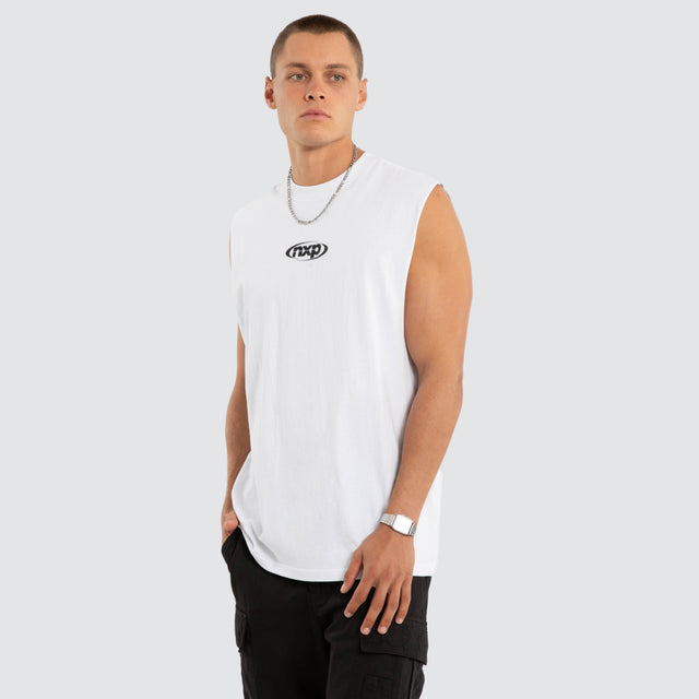 Model wears NXP Vanguard Relaxed Muscle White Muscle Tees in White - Image 3
