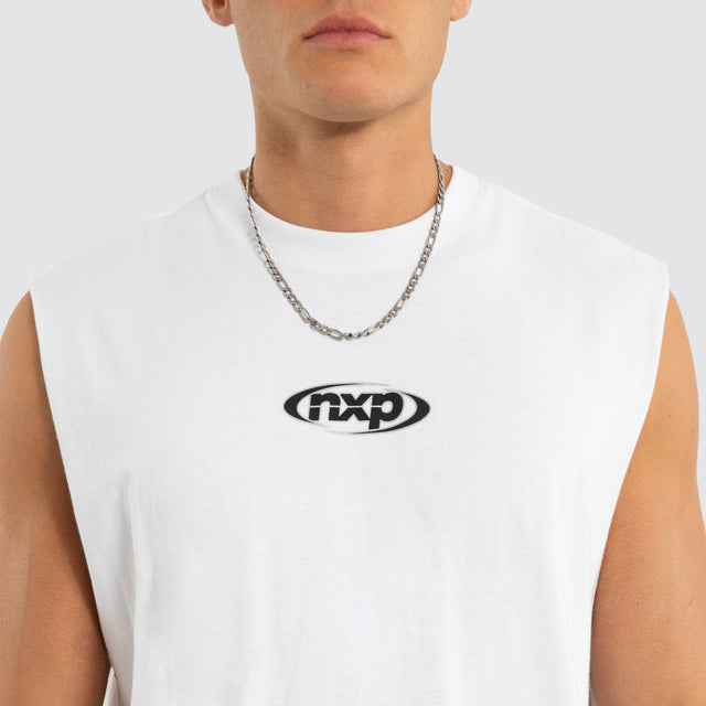 Model wears NXP Vanguard Relaxed Muscle White Muscle Tees in White - Image 4