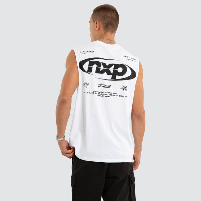 Model wears NXP Vanguard Relaxed Muscle White Muscle Tees in White - Image 2