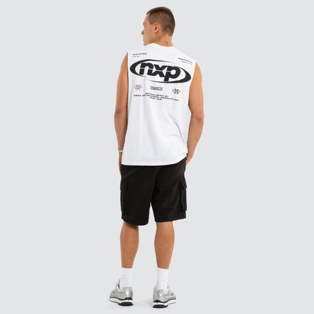 Model wears NXP Vanguard Relaxed Muscle White Muscle Tees in White - Image 5