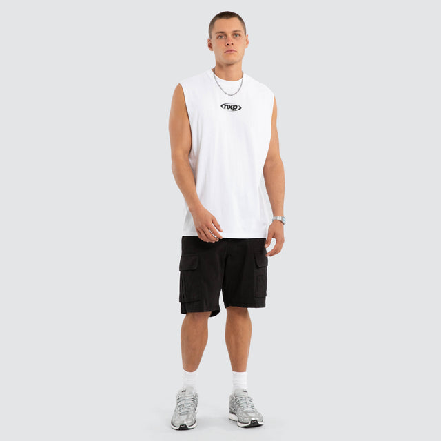 Model wears NXP Vanguard Relaxed Muscle White Muscle Tees in White - Image 6