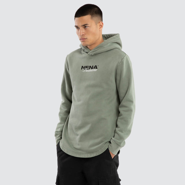 Model wears Neutral Dual Curved Hoodie in Pigment Shadow Hoodies Green – image 3
