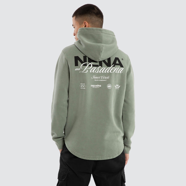 Model wears Neutral Dual Curved Hoodie in Pigment Shadow Hoodies Green – image 4