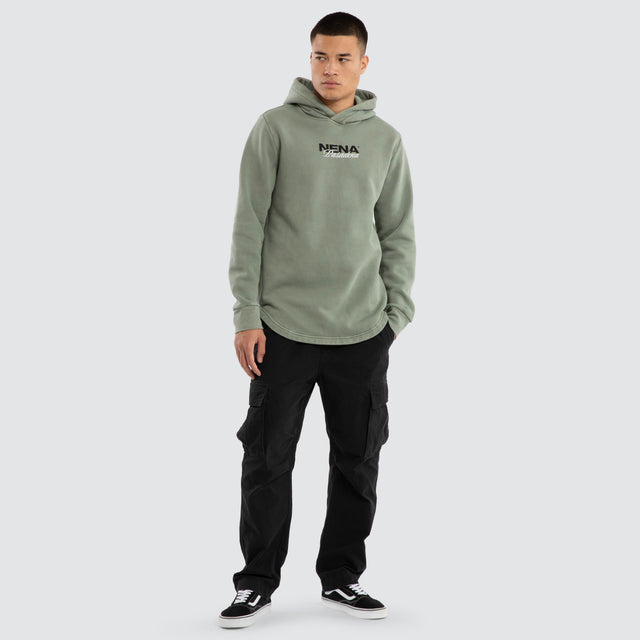 Model wears Neutral Dual Curved Hoodie in Pigment Shadow Hoodies Green – image 5