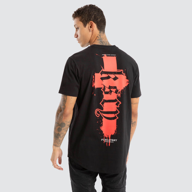 Model wears Purgatory Dual Curved Tee Jet Black T-Shirts Black – image 1