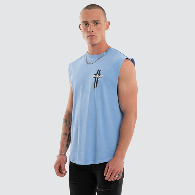 Model wears Letdown Dual Curved Muscle Pigment Vista Blue Muscle Tees Blue – image 3