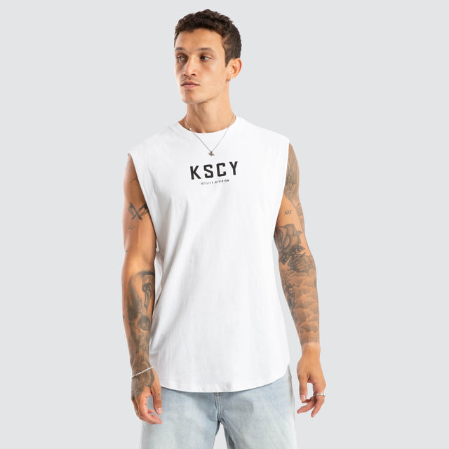 Model wears Visualise Dual Curved Muscle White Muscle Tees White – image 3