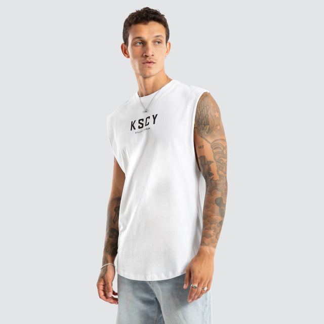 Model wears Visualise Dual Curved Muscle White Muscle Tees White – image 5