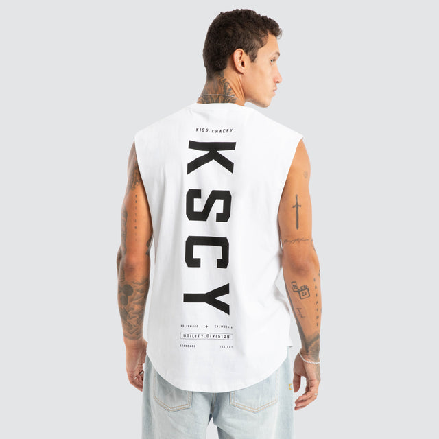 Model wears Visualise Dual Curved Muscle White Muscle Tees White – image 1