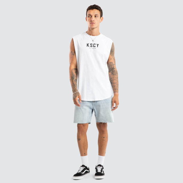 Model wears Visualise Dual Curved Muscle White Muscle Tees White – image 2