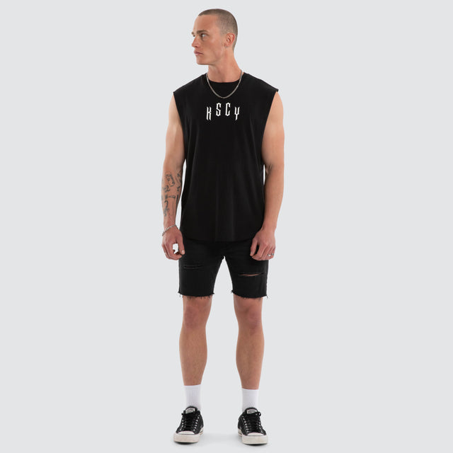 Model wears Trapped Dual Curved Muscle Jet Black Muscle Tees Black – image 2