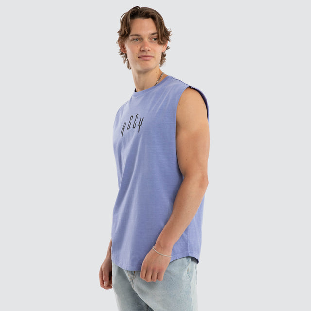 Model wears Trapped Dual Curved Muscle Pigment Purple Trumpet Muscle Tees Purple – image 3