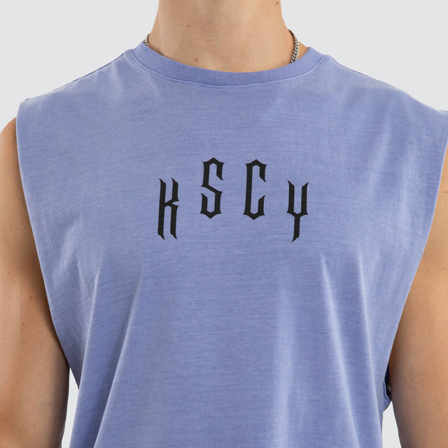 Model wears Trapped Dual Curved Muscle Pigment Purple Trumpet Muscle Tees Purple – image 4