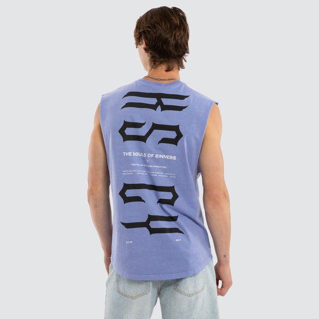 Model wears Trapped Dual Curved Muscle Pigment Purple Trumpet Muscle Tees Purple – image 1