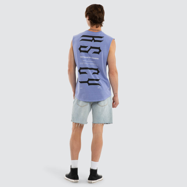 Model wears Trapped Dual Curved Muscle Pigment Purple Trumpet Muscle Tees Purple – image 5