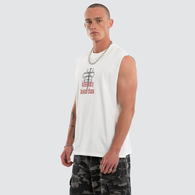 Model wears Pray Soul Street Muscle Natural White Muscle Tees White – image 3