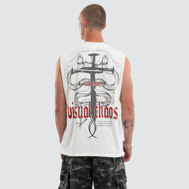 Model wears Pray Soul Street Muscle Natural White Muscle Tees White – image 1