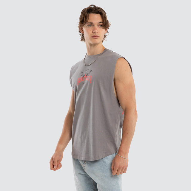 Model wears Tether Dual Curved Muscle Sky Rocket Muscle Tees Grey – image 3