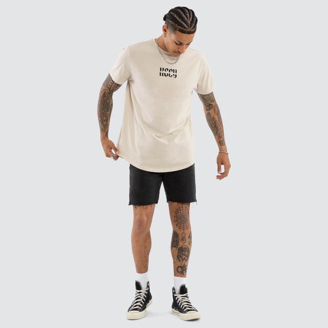 Model wears Sacred Dual Curved Tee Pigment Silver Cloud T-Shirts Grey – image 2