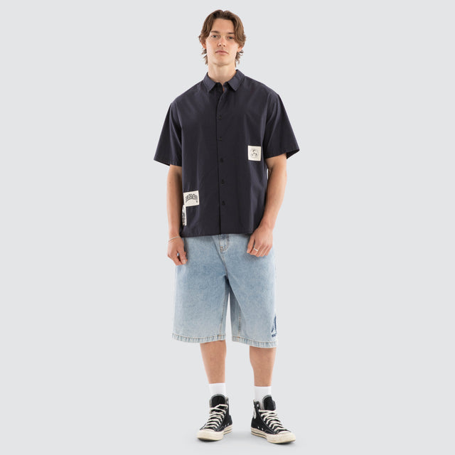 Model wears Ashfall SS Skate Shirt Asphalt Check Short Sleeve Shirts Grey – image 5