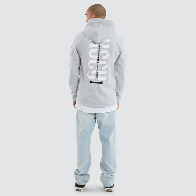 Model wears Sharp Layered Hoodie Grey Marle Hoodies Grey – image 3