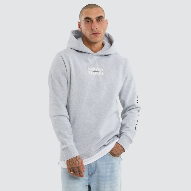 Model wears Sharp Layered Hoodie Grey Marle Hoodies Grey – image 4