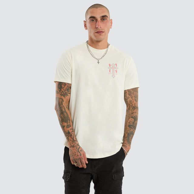 Model wears Almighty Dual Curved Tee Tofu T-Shirts Cream – image 4