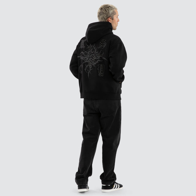 Model wears Paragons Relaxed Hoodie Jet Black Hoodies Black – image 3