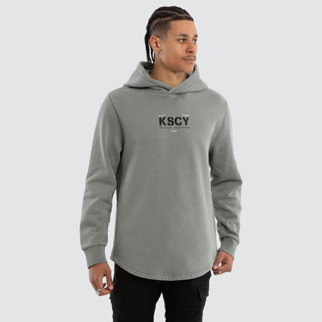 Model wears Reverence Dual Curved Hoodie Pigment Neutral Grey Hoodies Grey – image 3