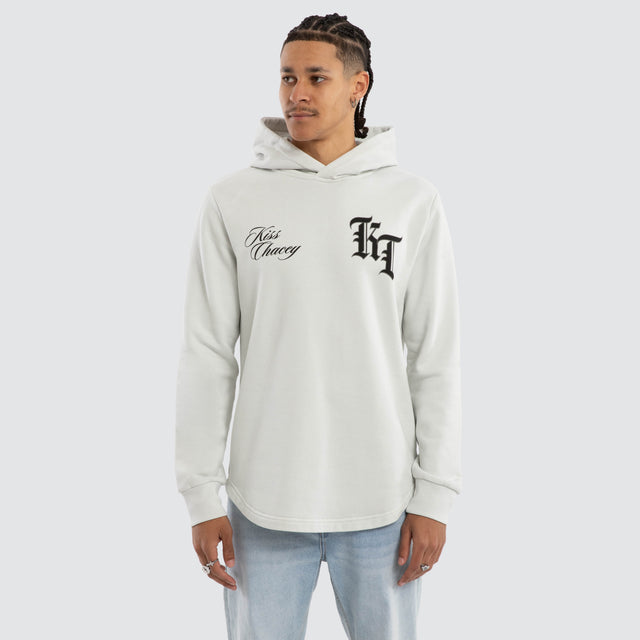 Model wears Fracture Dual Curved Hoodie Pigment Glacier Grey Hoodies Grey – image 3