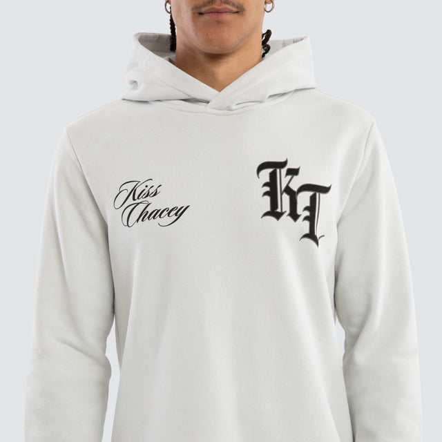 Model wears Fracture Dual Curved Hoodie Pigment Glacier Grey Hoodies Grey – image 4
