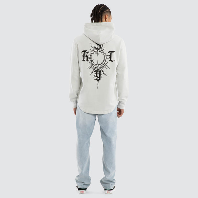 Model wears Fracture Dual Curved Hoodie Pigment Glacier Grey Hoodies Grey – image 5