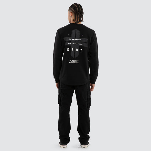 Model wears Salvation Dual Curved Sweater Jet Black Jumpers Black – image 5
