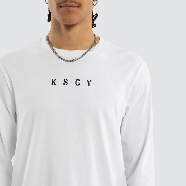 Model wears Sledge Cape Back Long Sleeve Tee Optical White Longsleeve T-Shirts White – image 5