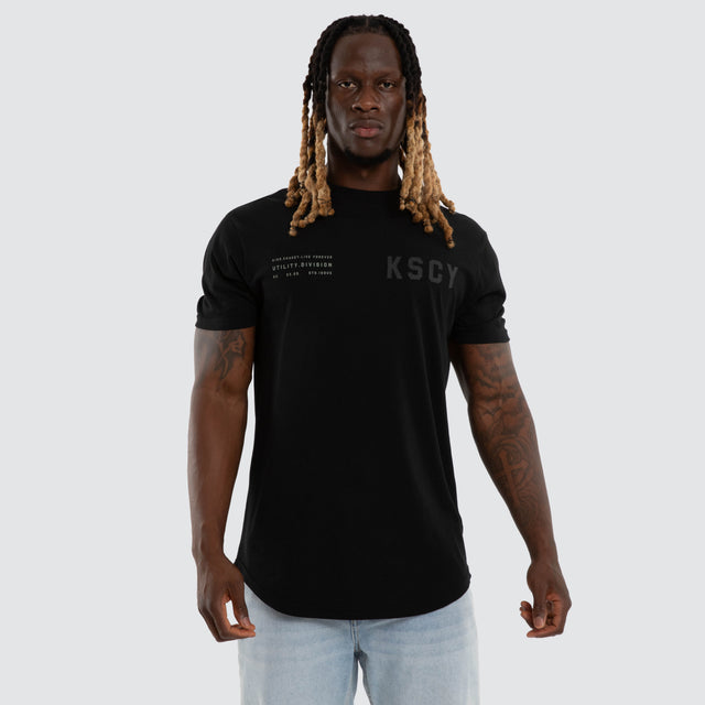 Model wears Existence Dual Curved Tee Jet Black T-Shirts Black – image 3