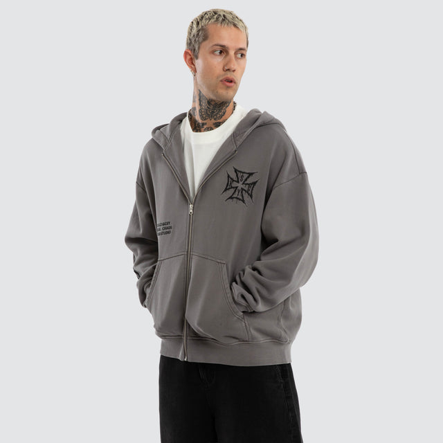 Model wears Blaze Relaxed Zip Hoodie Pigment Steel Grey Hoodies Grey – image 3