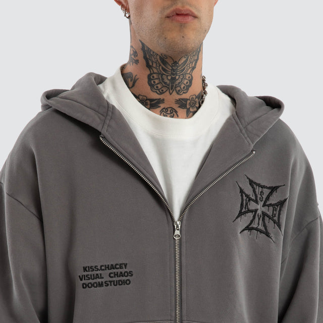 Model wears Blaze Relaxed Zip Hoodie Pigment Steel Grey Hoodies Grey – image 5