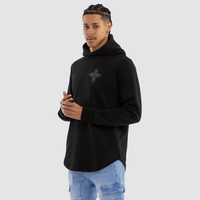 Model wears Worship Dual Curved Hoodie Jet Black Hoodies Black – image 3