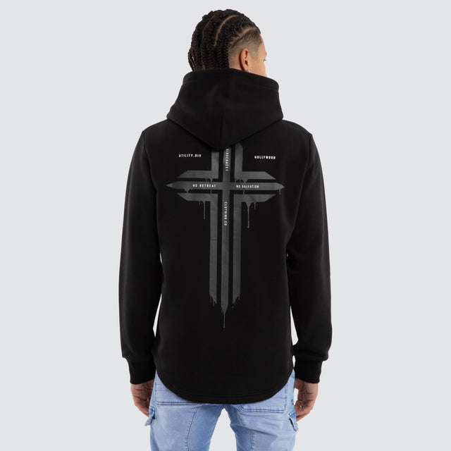 Model wears Worship Dual Curved Hoodie Jet Black Hoodies Black – image 1