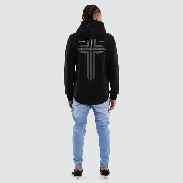 Model wears Worship Dual Curved Hoodie Jet Black Hoodies Black – image 5