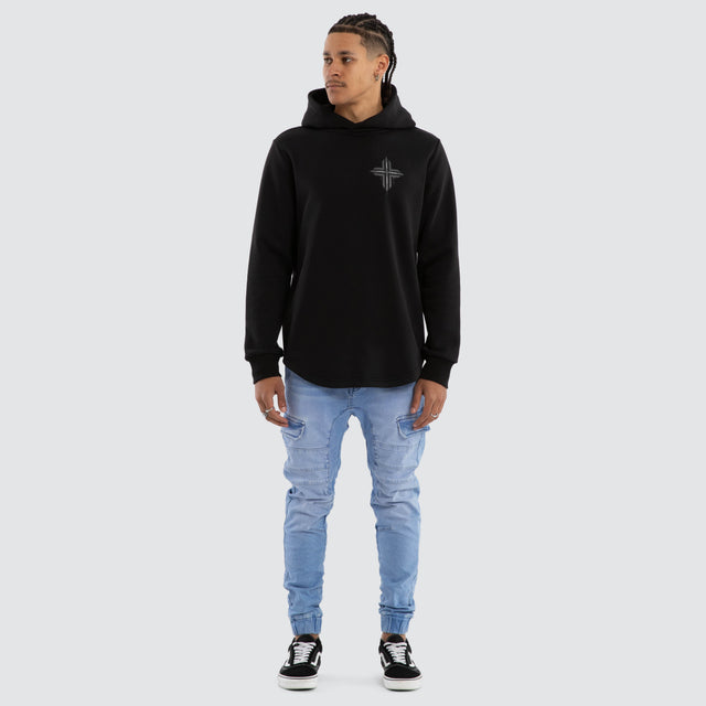 Model wears Worship Dual Curved Hoodie Jet Black Hoodies Black – image 2