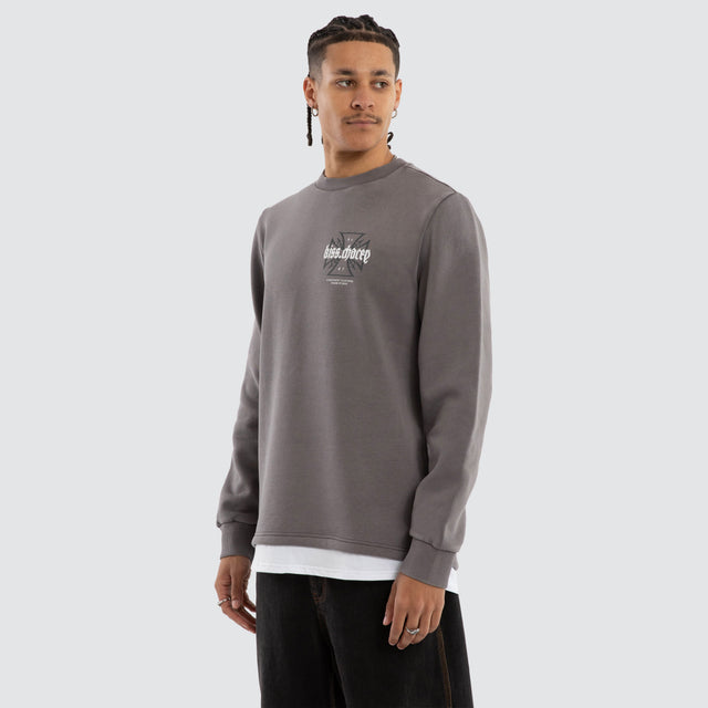 Model wears Sleepwalker Dual Curved Sweater Pigment Boulevard Jumpers Grey – image 3