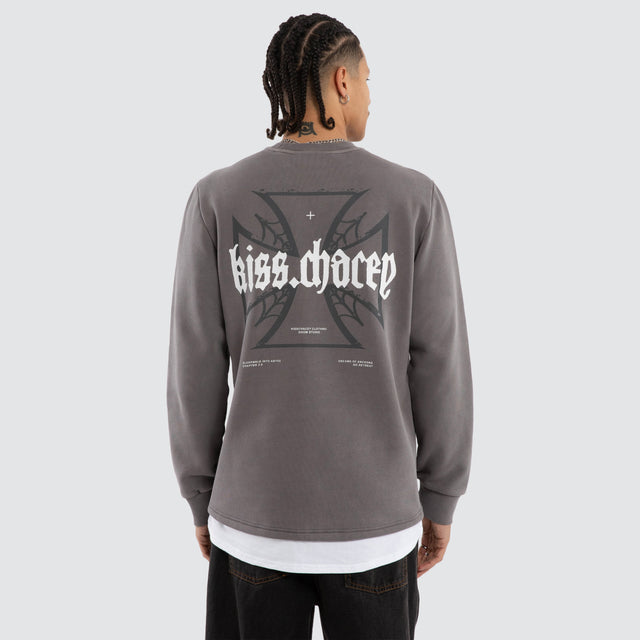 Model wears Sleepwalker Dual Curved Sweater Pigment Boulevard Jumpers Grey – image 1