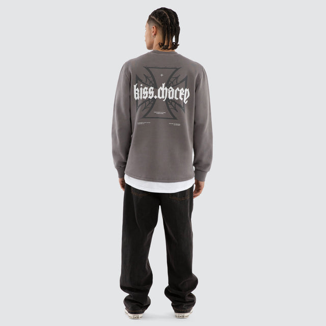 Model wears Sleepwalker Dual Curved Sweater Pigment Boulevard Jumpers Grey – image 5