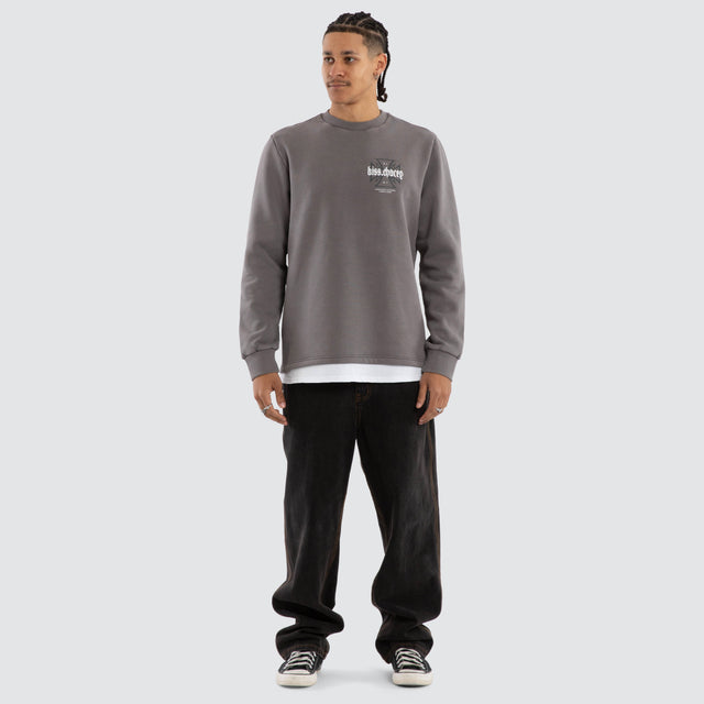 Model wears Sleepwalker Dual Curved Sweater Pigment Boulevard Jumpers Grey – image 2