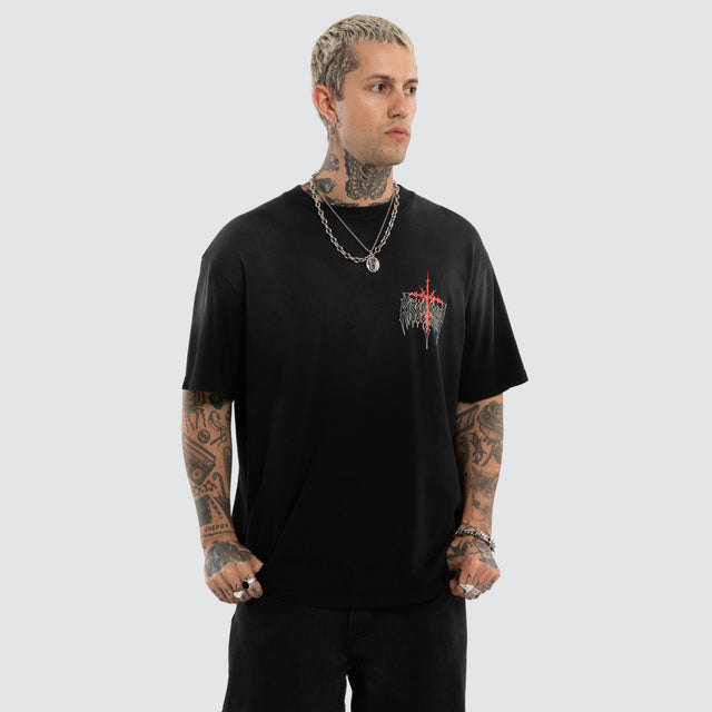 Model wears Embers Box Fit Tee Sunbleach Black T-Shirts Black – image 3