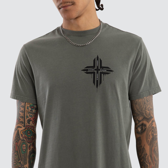 Model wears Preservation Dual Curved Tee Pigment Mulled Basil T-Shirts Green – image 4