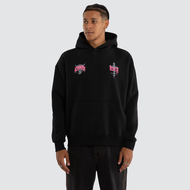 Model wears Glitch Oversized Hoodie Jet Black Hoodies Black – image 4