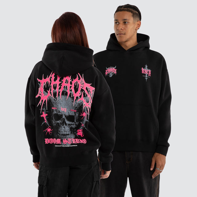 Model wears Glitch Oversized Hoodie Jet Black Hoodies Black – image 1