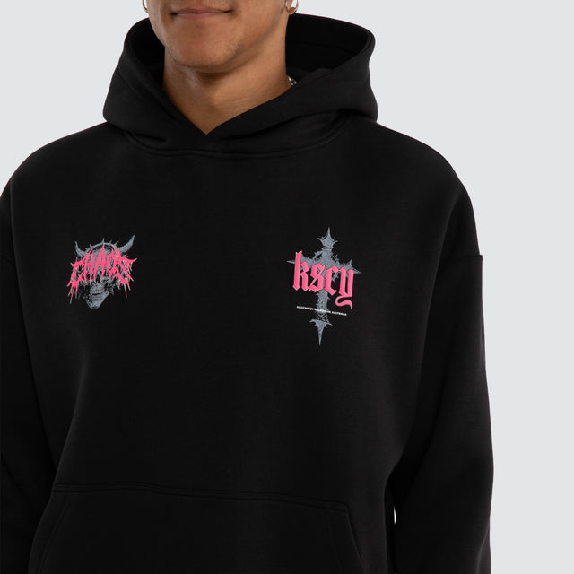 Model wears Glitch Oversized Hoodie Jet Black Hoodies Black – image 5